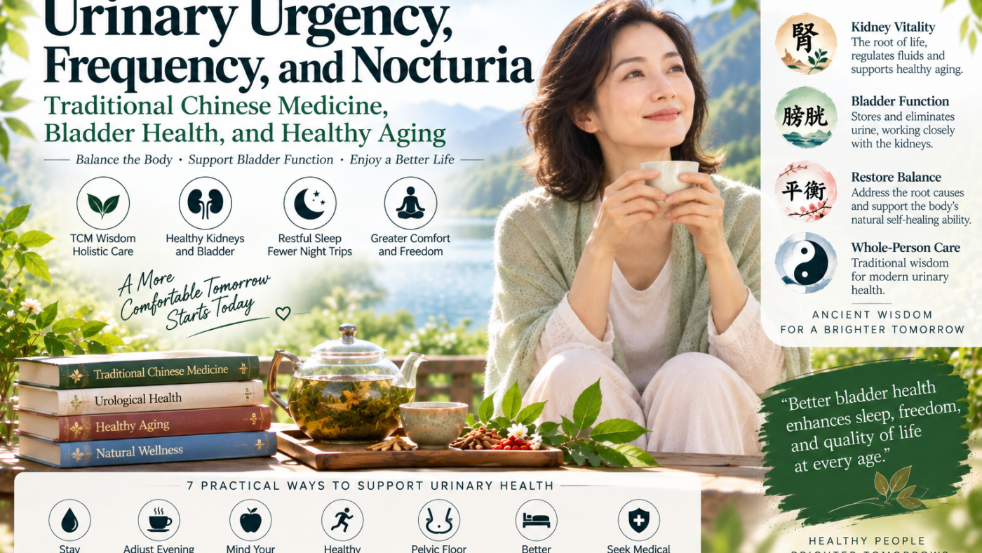 Urinary urgency, frequency, and nocturia wellness illustration featuring a woman, Traditional Chinese Medicine, bladder health, and seven healthy habits.