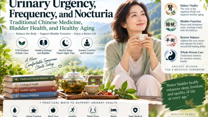 Urinary urgency, frequency, and nocturia wellness illustration featuring a woman, Traditional Chinese Medicine, bladder health, and seven healthy habits.