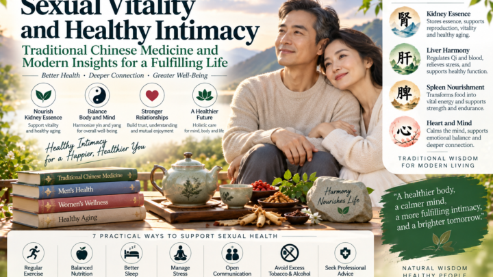 Sexual vitality and healthy intimacy illustration featuring a middle-aged couple, Traditional Chinese Medicine, relationship wellness, and healthy lifestyle habits.