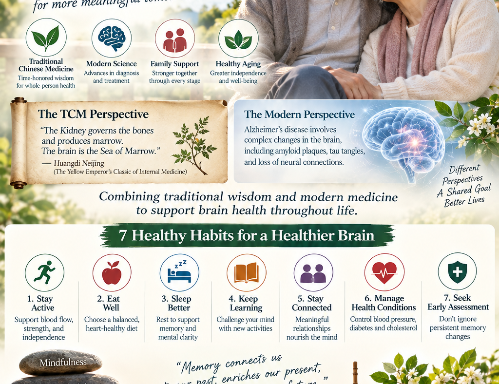Alzheimer's disease and dementia wellness illustration featuring an older couple, brain health, Traditional Chinese Medicine, and seven healthy aging habits.