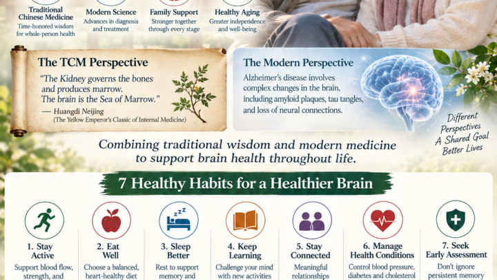 Alzheimer's disease and dementia wellness illustration featuring an older couple, brain health, Traditional Chinese Medicine, and seven healthy aging habits.