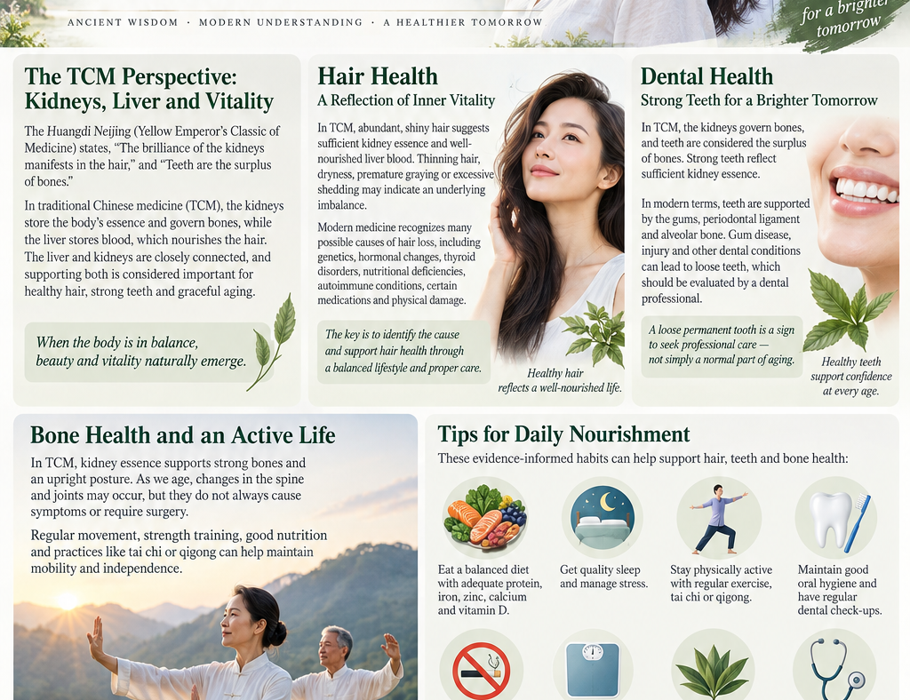 Traditional Chinese wellness perspective on hair loss, loose teeth, bone health, and healthy aging, featuring natural landscapes and mindful living.