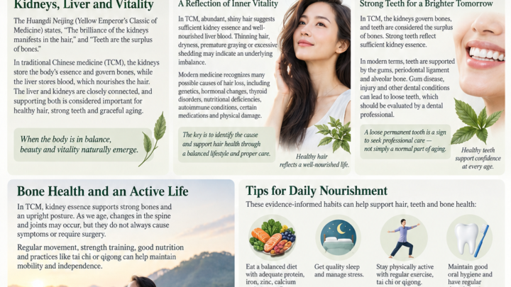 Traditional Chinese wellness perspective on hair loss, loose teeth, bone health, and healthy aging, featuring natural landscapes and mindful living.
