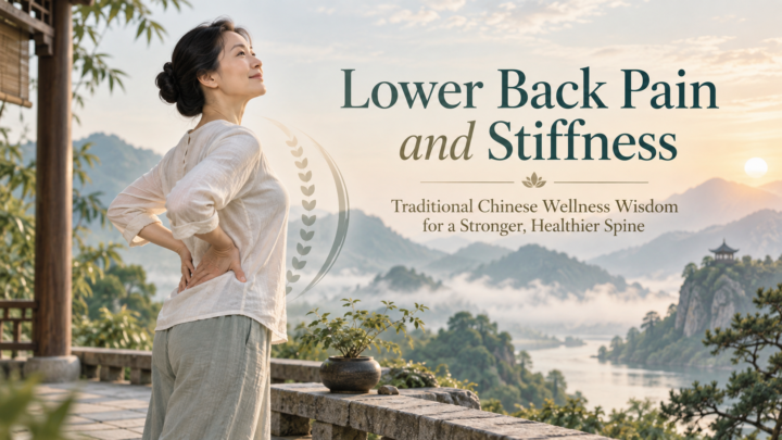 Lower back pain and stiffness illustrated through traditional Chinese wellness, featuring a woman supporting her lower back against a peaceful mountain landscape.