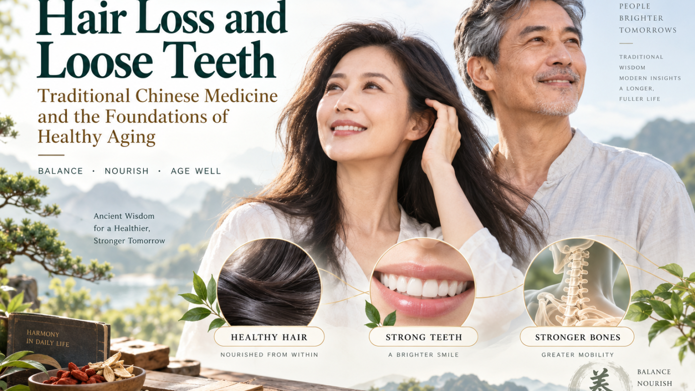 Hair loss and loose teeth in healthy aging, featuring hair vitality, dental health, bone strength, and Traditional Chinese Medicine.