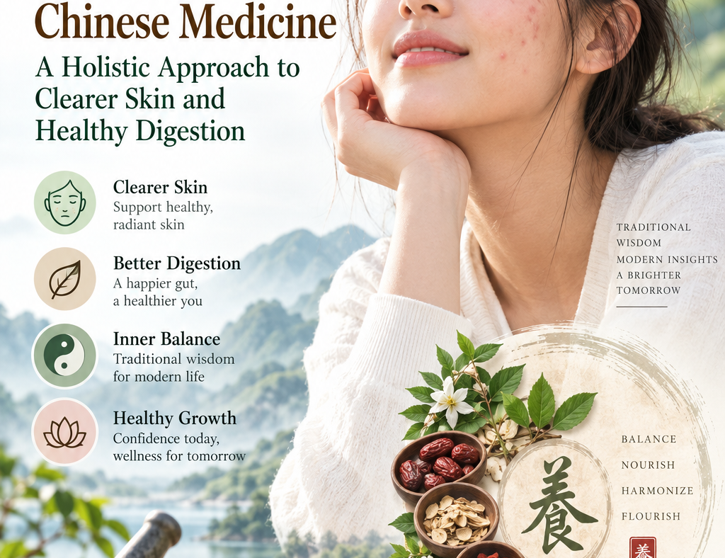 Teenage acne and Traditional Chinese Medicine wellness illustration featuring a young woman with acne, healthy skin, herbal elements, and digestive balance.