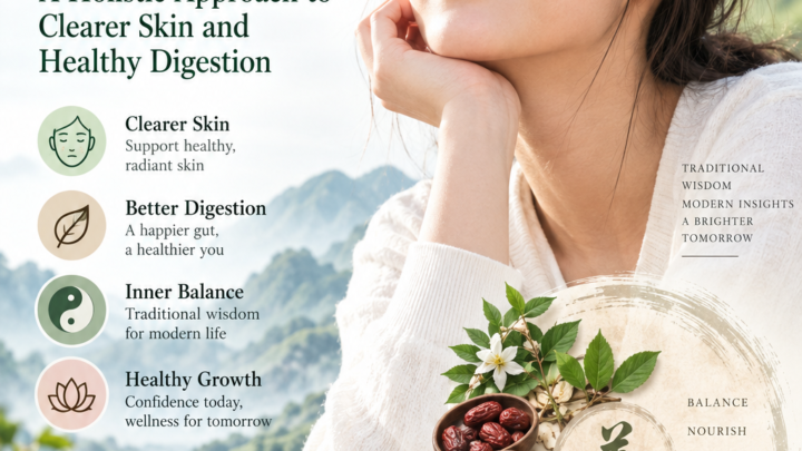 Teenage acne and Traditional Chinese Medicine wellness illustration featuring a young woman with acne, healthy skin, herbal elements, and digestive balance.