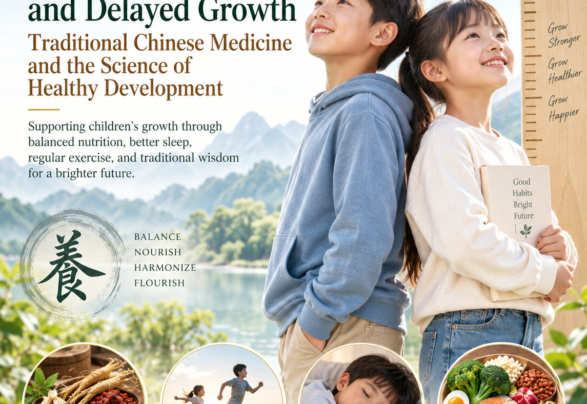 Short stature and delayed growth wellness illustration featuring two children, a height chart, balanced nutrition, healthy sleep, exercise, and Traditional Chinese Medicine.
