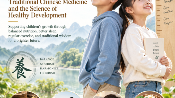 Short stature and delayed growth wellness illustration featuring two children, a height chart, balanced nutrition, healthy sleep, exercise, and Traditional Chinese Medicine.