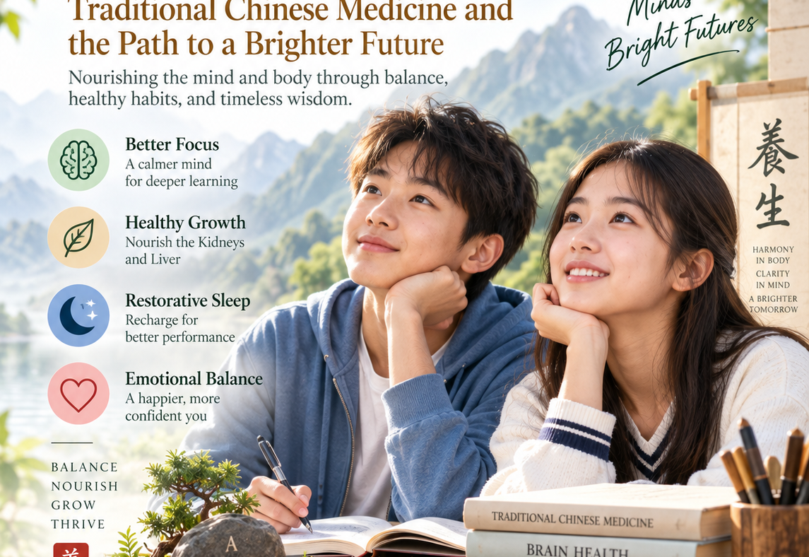 Adolescent brain development and learning illustration featuring two teenagers, Traditional Chinese Medicine, healthy nutrition, exercise, restorative sleep, and emotional balance.