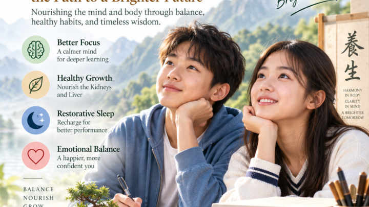 Adolescent brain development and learning illustration featuring two teenagers, Traditional Chinese Medicine, healthy nutrition, exercise, restorative sleep, and emotional balance.