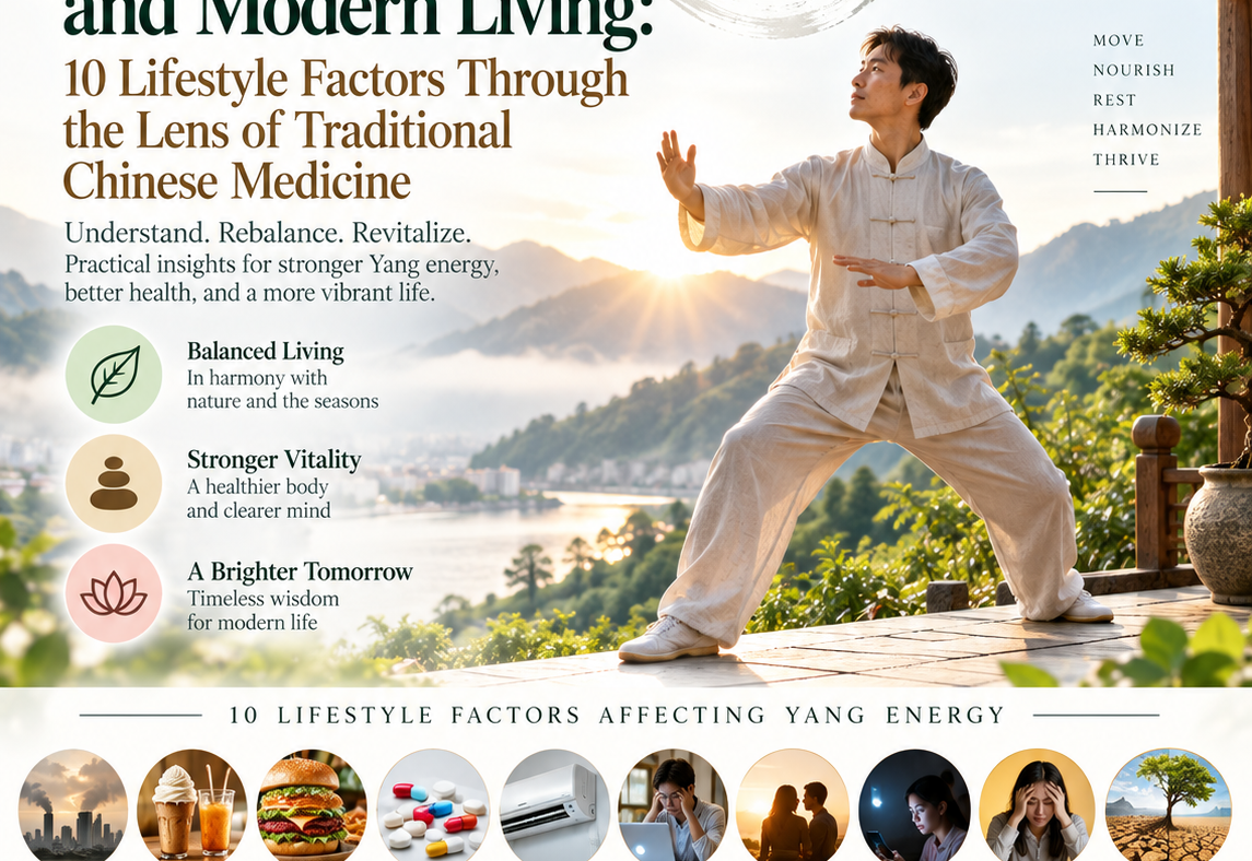 Yang energy and modern living illustration featuring a Tai Chi practitioner, sunrise, Chinese calligraphy, natural scenery, and ten lifestyle factors related to health.