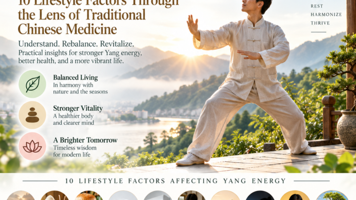 Yang energy and modern living illustration featuring a Tai Chi practitioner, sunrise, Chinese calligraphy, natural scenery, and ten lifestyle factors related to health.