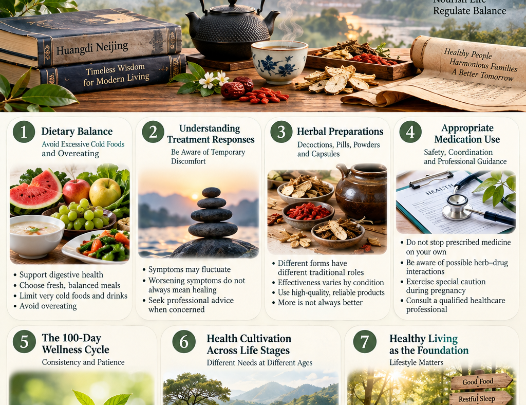 Traditional Chinese Medicine wellness infographic featuring seven health cultivation principles, herbal preparations, dietary balance, medication safety, and healthy aging.