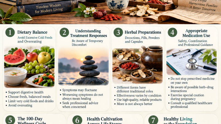 Traditional Chinese Medicine wellness infographic featuring seven health cultivation principles, herbal preparations, dietary balance, medication safety, and healthy aging.