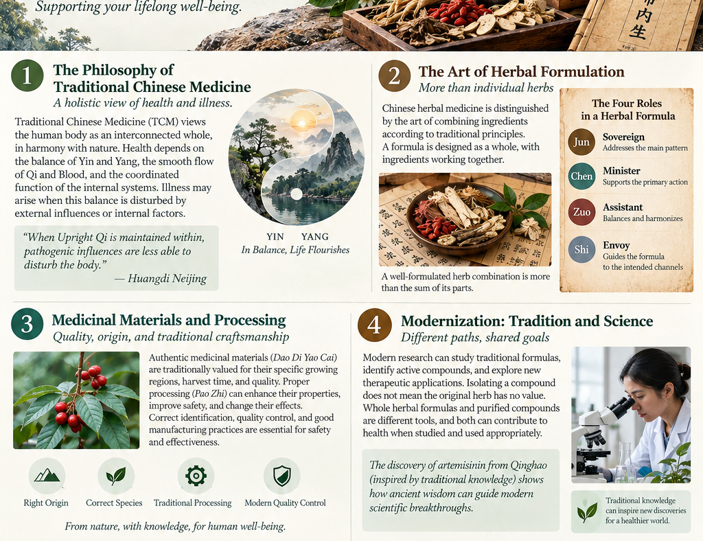 Traditional Chinese Medicine and herbal medicine infographic featuring Chinese medicinal herbs, the Jun Chen Zuo Shi formula system, botanical research, and ancient medical knowledge.