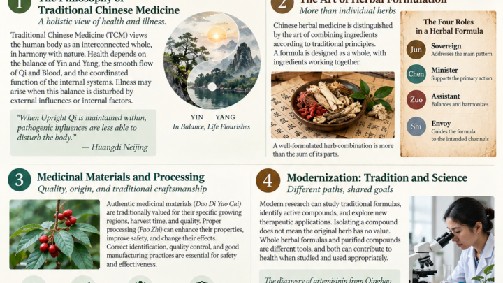 Traditional Chinese Medicine and herbal medicine infographic featuring Chinese medicinal herbs, the Jun Chen Zuo Shi formula system, botanical research, and ancient medical knowledge.