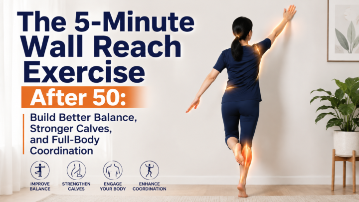 Adult over 50 performing an alternating wall reach and heel raise exercise for balance, calf strength, and full-body coordination.