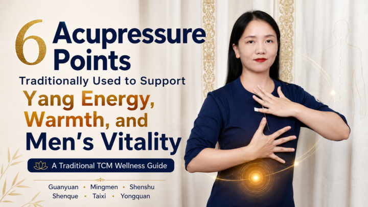 Six traditional Chinese medicine acupressure points associated with Yang energy, warmth, and men’s vitality, including Guanyuan, Mingmen, Shenshu, Shenque, Taixi, and Yongquan.