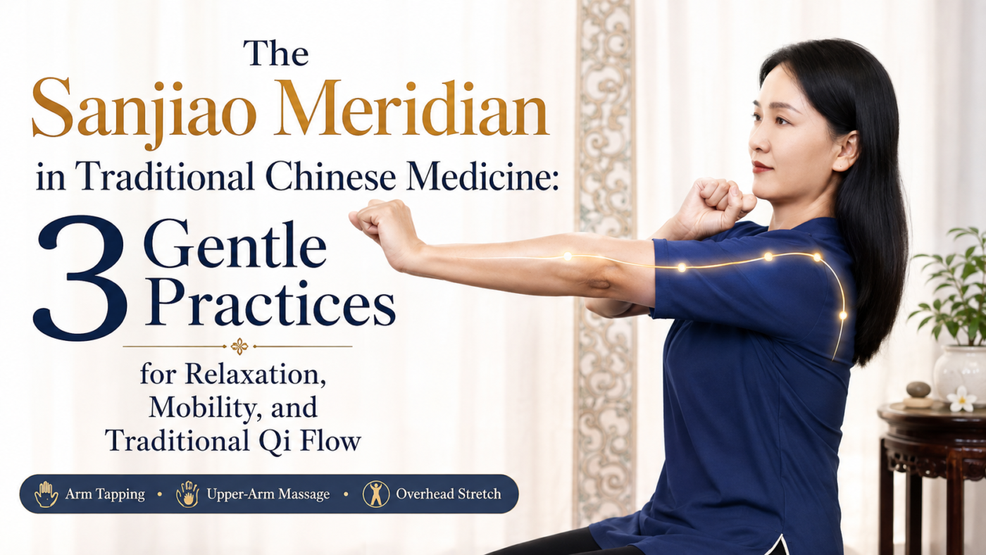 Traditional Chinese medicine Sanjiao meridian practice showing gentle arm tapping, upper-arm acupressure, and an overhead stretching movement.
