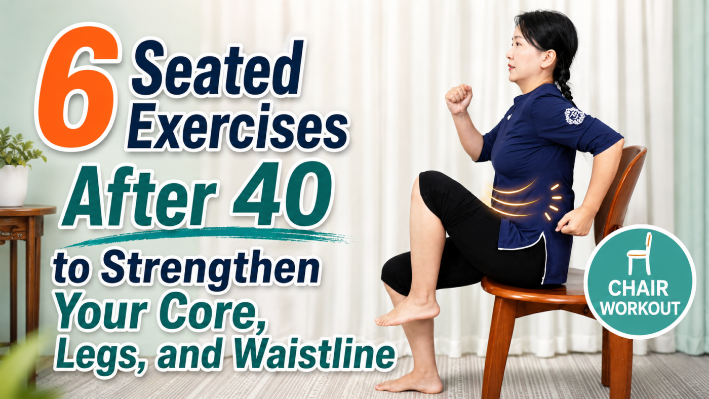 Woman over 40 performing seated chair exercises for core strength, legs, mobility, and waistline fitness.