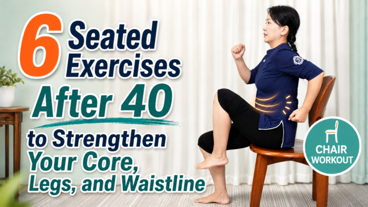 Woman over 40 performing seated chair exercises for core strength, legs, mobility, and waistline fitness.