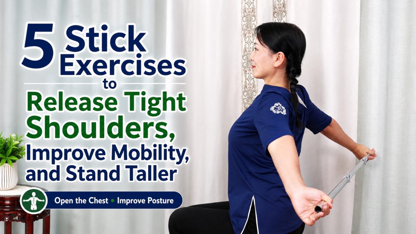 Stick exercises for shoulders using a long exercise stick for mobility and posture