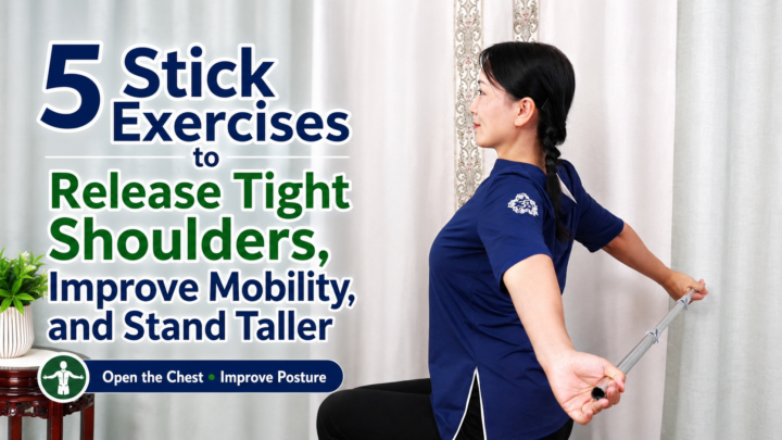 Stick exercises for shoulders using a long exercise stick for mobility and posture