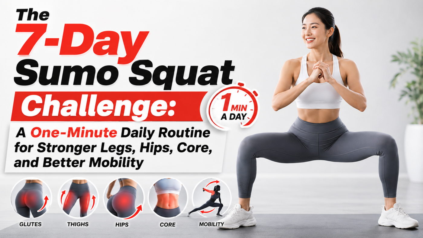Woman performing a wide sumo squat during a 7-day one-minute strength and mobility challenge