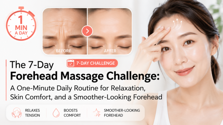 Woman demonstrating a gentle forehead massage during a 7-day one-minute facial massage challenge