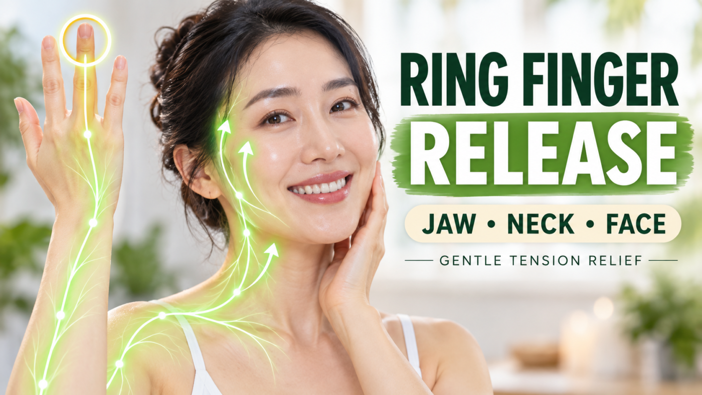 Facial tension release using a gentle ring-finger, jaw, neck and face massage routine