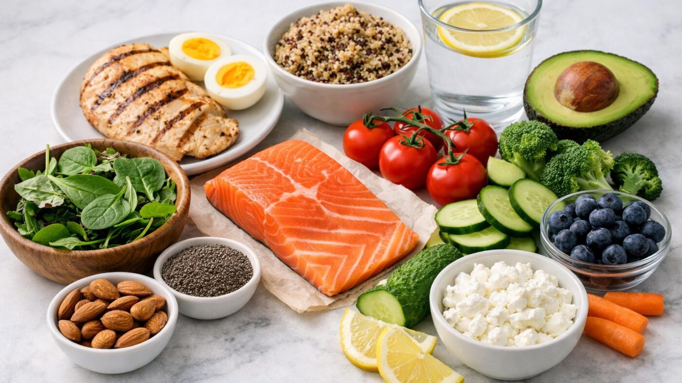 Essential nutrition for men with protein-rich foods, healthy fats, whole grains and vegetables