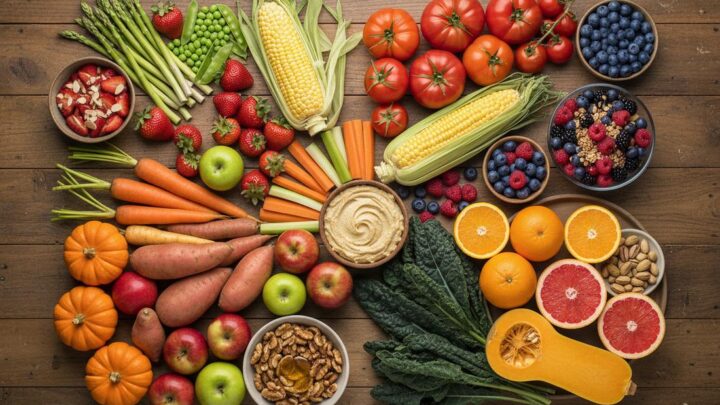 Seasonal nutrition with healthy foods for spring, summer, autumn and winter
