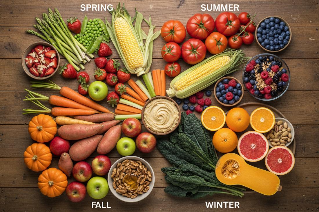 Seasonal nutrition with healthy foods for spring, summer, autumn and winter