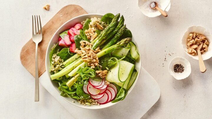 Spring nutrition with asparagus, leafy greens, peas, nuts and other healthy seasonal foods.