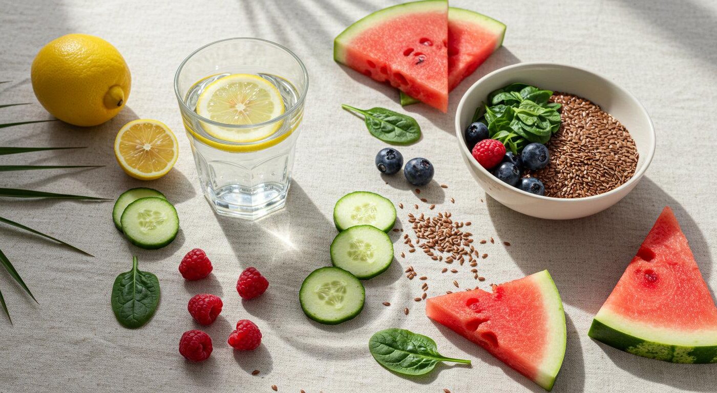 Healthy summer foods including watermelon, cucumber, tomatoes and hydrating fruits and vegetables