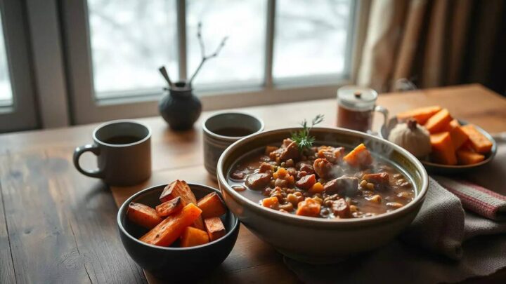 Healthy winter nutrition with vegetable soup, sweet potatoes, nuts, citrus fruits and seasonal vegetables