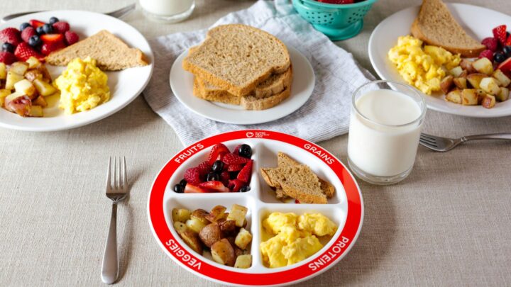 Balanced preschool nutrition with eggs, vegetables, fruit, whole grains and milk