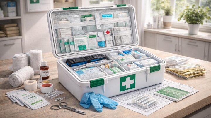 Home first aid kit containing sterile gauze, bandages, thermometer, gloves, scissors and basic medical supplies
