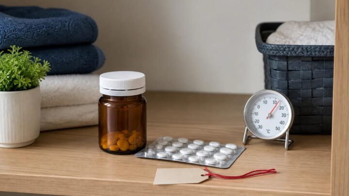 Medication safety at home with original medicine packaging, expiration labels and properly stored medicines