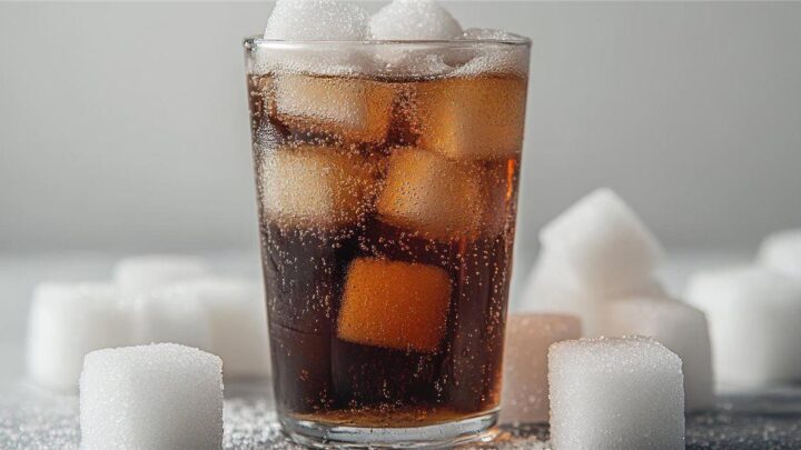 Glass of sugary cola with sugar cubes illustrating the health effects of added sugar