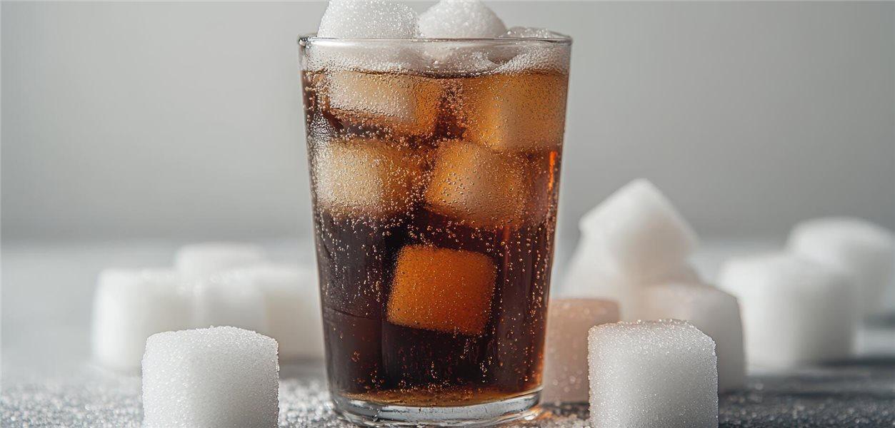 Glass of sugary cola with sugar cubes illustrating the health effects of added sugar