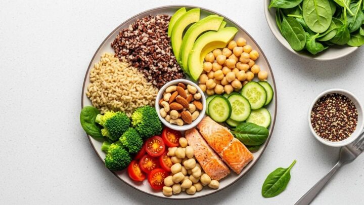 Healthy eating pyramid illustrated by a balanced meal of vegetables, fruits, whole grains and protein foods