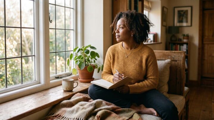 Woman reflecting quietly in a journal while managing perfectionism, fear of criticism, and everyday stress.