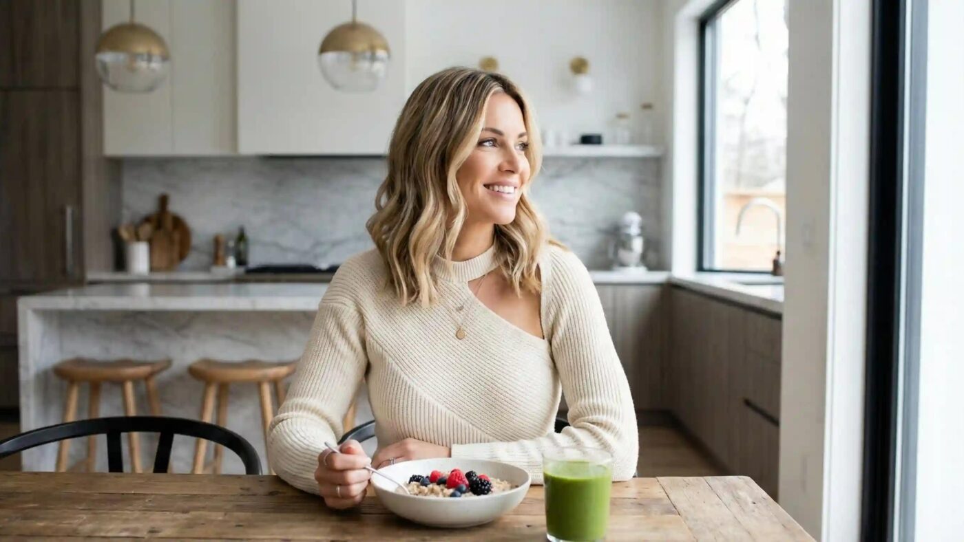Woman enjoying a balanced meal with fruit, whole grains, and nutritious foods that support healthy eating during menstruation.
