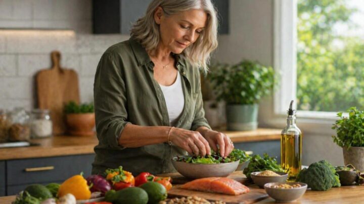 Midlife woman preparing a balanced meal with nutritious foods to support menopause nutrition, bone health, and healthy aging.