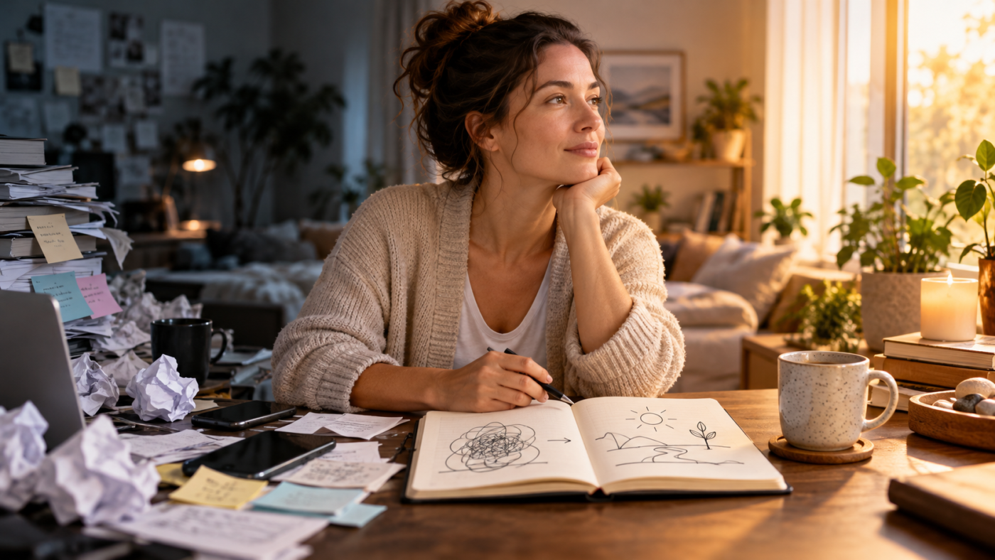 Person practicing mindful self-reflection in a peaceful room to manage emotional disturbance, anxiety, and negative thinking.