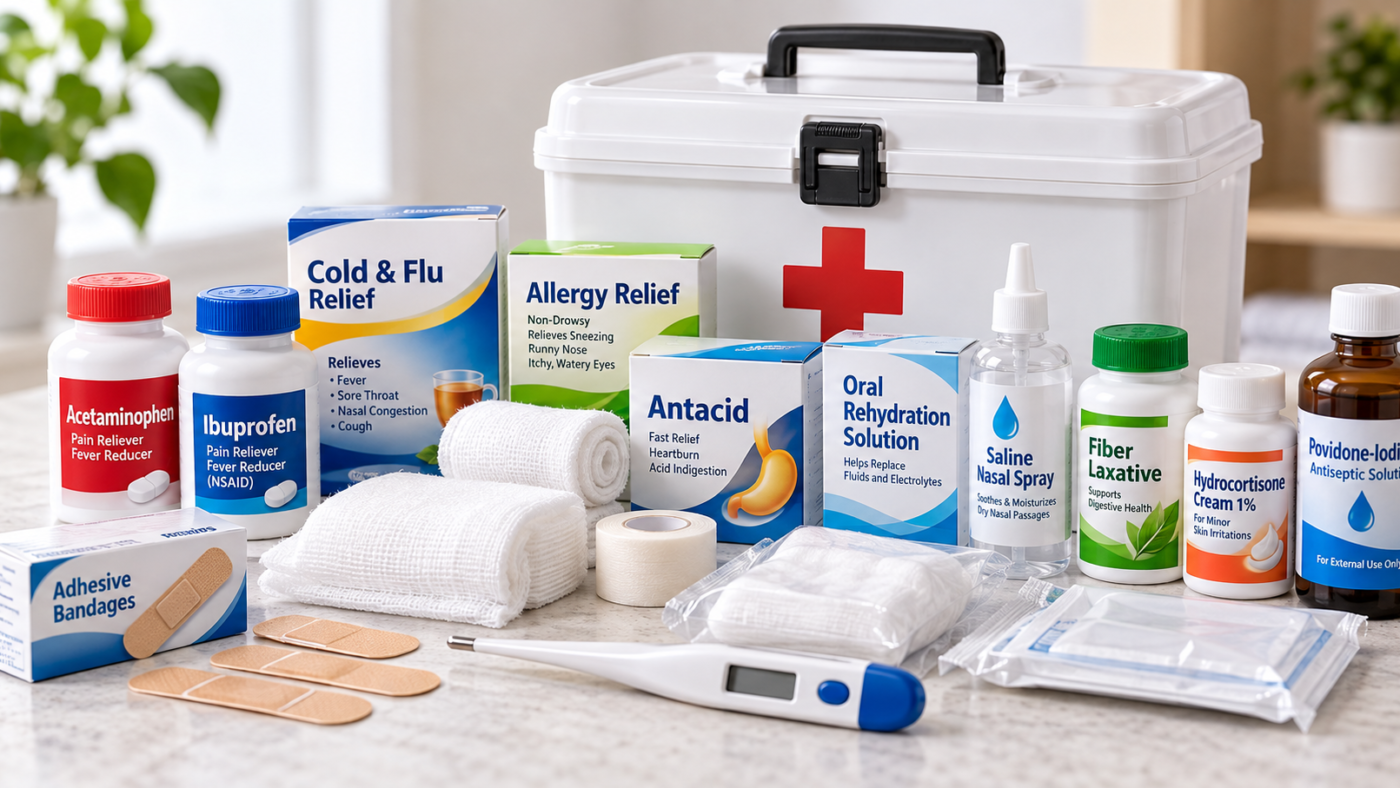 Safe home medicine cabinet with over-the-counter medicines, thermometer, bandages and first aid supplies