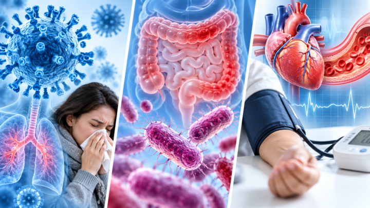 Medical illustration of three common diseases: influenza respiratory infection, Shigella bacterial infection, and hypertension monitored using a blood pressure cuff.